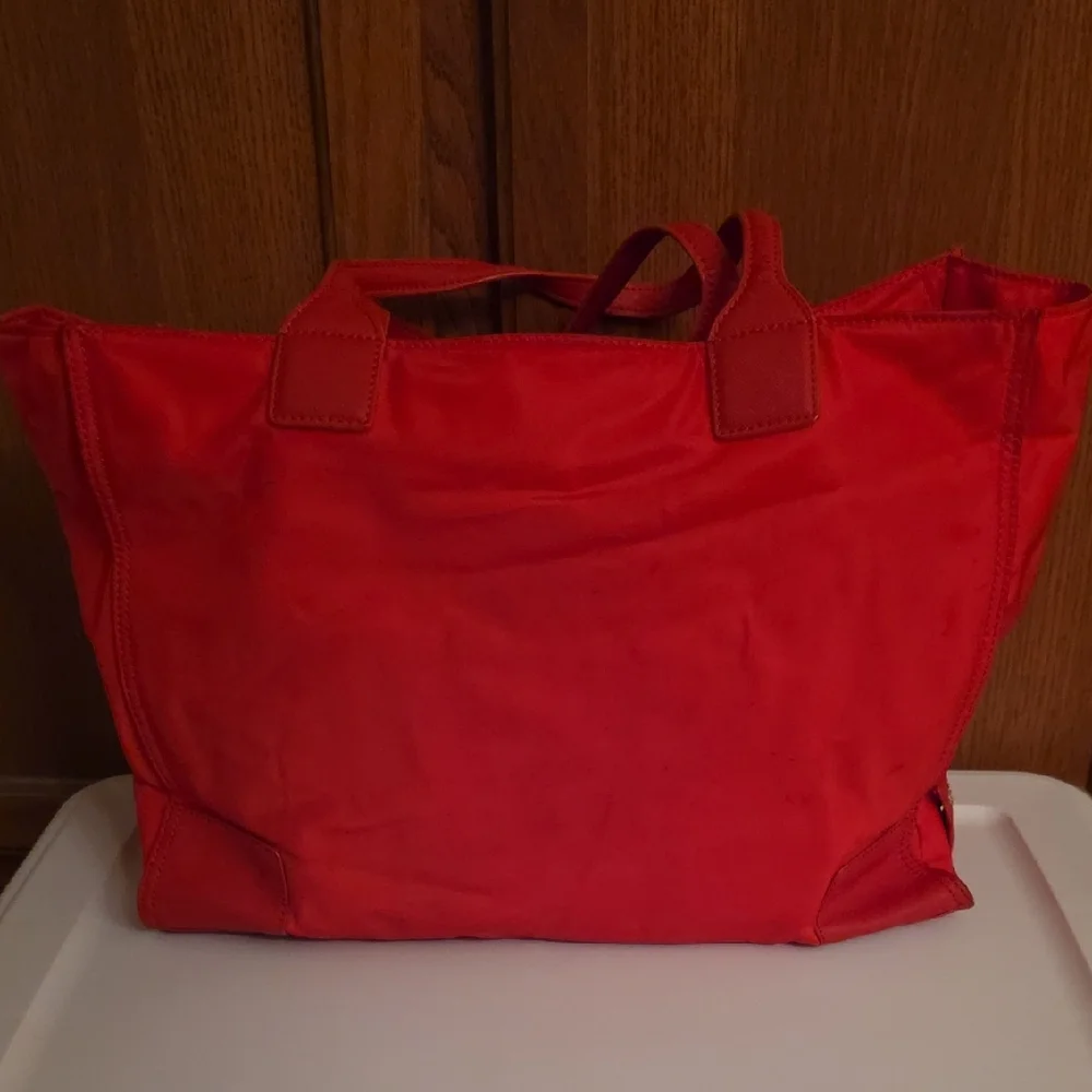 Tory Burch Bright Red Nylon Tote with Leather Trim